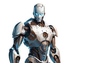 Fototapeta premium A detailed illustration of a humanoid robot, its metallic body gleaming under a spotlight, isolated on a white backdrop