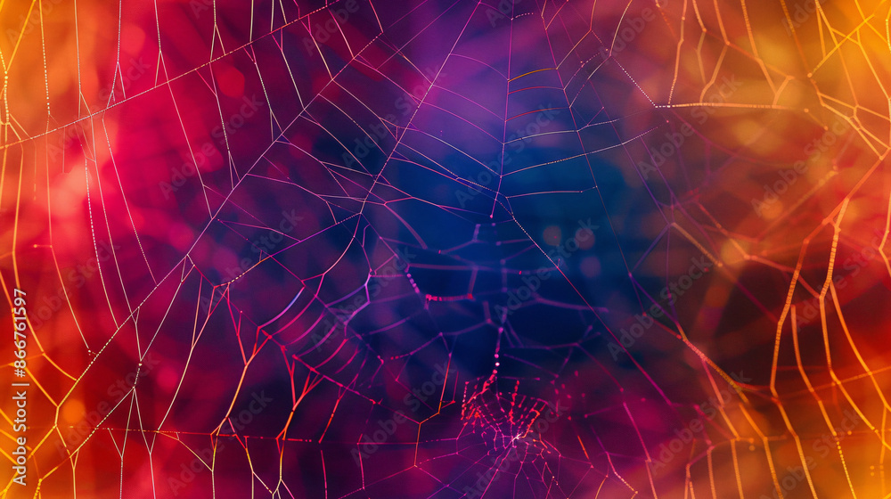 Aufkleber Delicate spiderweb design over colorful abstract backdrop, highlighting intricate threads and captivating visual