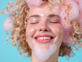 An image showing a relaxed woman with curly hair and frothy bubbles, her eyes closed in bliss. The soft blue backdrop and light enhance the peaceful, content mood.
