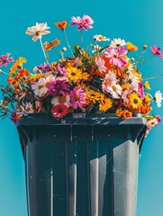This vibrant image captures colorful flowers arranged in a modern plastic bin, set against a bright blue background, blending the unexpected combination into a striking visual art piece.