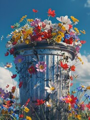 The image features a bunch of assorted flowers beautifully placed inside a rustic metallic trash bin, set against a clear, bright sky, merging the ordinary with the extraordinary in art.