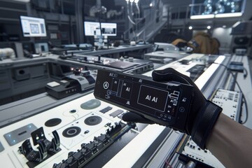 High tech robotic arm in industrial setting representing AI integration in manufacturing, advanced automation, precision engineering, futuristic factory tech