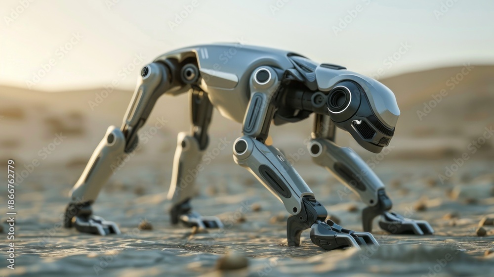 Poster a sleek, metallic robot dog with articulated limbs navigates a barren desert terrain under a setting
