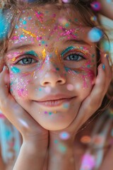 A young girl with vibrant and colorful face paint is enjoying a festival, smiling brightly and embodying the joy and exuberance of the lively atmosphere, capturing a magical and whimsical moment.