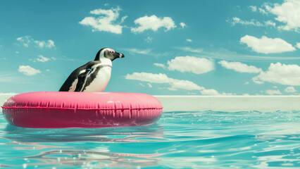  Penguin Floating on a Pink Inflatable Ring