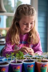 Fototapeta premium A cheerful young girl is happily tending to her seedlings using colorful pots indoors, surrounded by vibrant young plants and a cozy, well-lit environment, expressing joy in gardening.