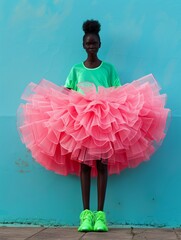 A stylish model wears a green top and pink skirt with ruffles, posing confidently against a blue wall, radiating a vibrant and dynamic energy in a visually striking composition.