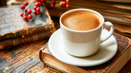 Artistic photo of coffee and books. Coffee in a white glass set on an old book