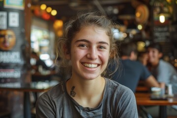 Fototapeta premium Portrait of a smiling woman in her 20s sporting a technical climbing shirt in front of bustling city cafe