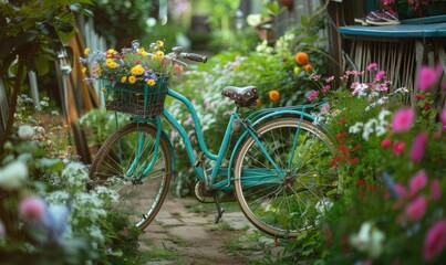 Vintage Romantic Bicycle in a Garden with Colorful Flowers Basket