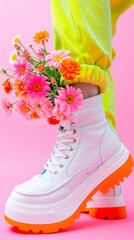 A pair of white boots featuring bright orange soles, styled with neon green pants filled with colorful flowers, offers a bold and playful combination of fashion and nature.