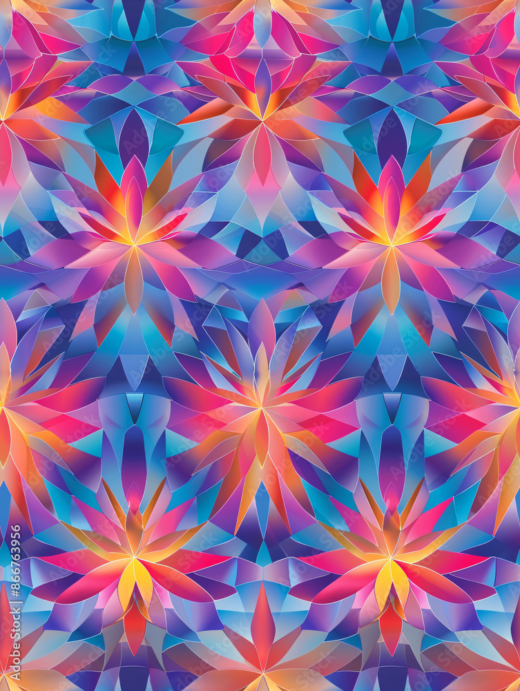 Poster Colorful abstract flowers creating a seamless kaleidoscopic pattern background