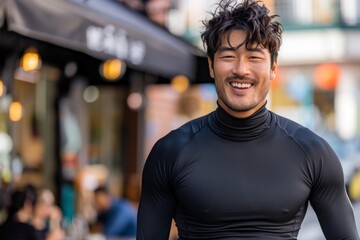 Fototapeta premium Portrait of a joyful asian man in his 20s showing off a lightweight base layer isolated in bustling city cafe