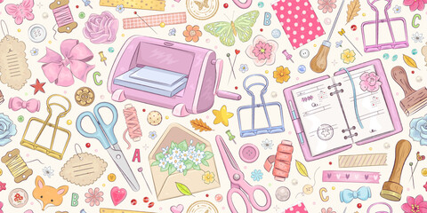 Seamless pattern with hand drawn art supplies for scrapbooking. Background with handmade, scrapbook or planner decoration elements. Stickers, stamp, tape. Vector illustration