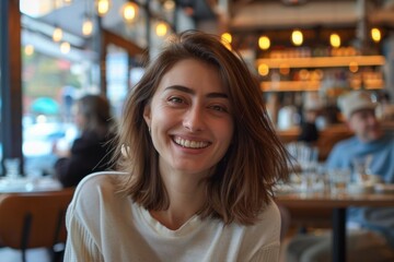 Portrait of a joyful caucasian woman in her 20s sporting a long-sleeved thermal undershirt on bustling city cafe