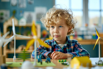 a little boy sitting in the kindergarten class learning about renewable energy with some models of wind turbines