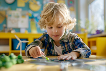 little schoolboy learning about eco-friendly forms of renewable energy at kindergarten school class