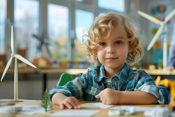 cute blonde preschooler boy learning about eco-friendly forms of renewable energy at kindergarten school class