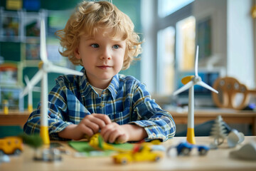 Little boy sitting at kindergarten classroom and learning about environment and alternative forms of renewable energy