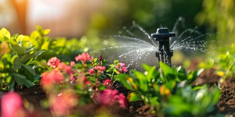 Watering plants in a garden using a water sprinkler system. Concept Gardening, Water Conservation, Lawn Maintenance, Sprinkler Systems, Outdoor Activities