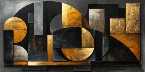 Illustrate a scene with sleek black and gold shapes arranged in a modern abstract composition