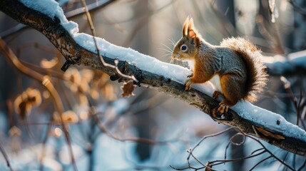 Obraz premium A squirrel is sitting on a branch in the snow. Generate AI image