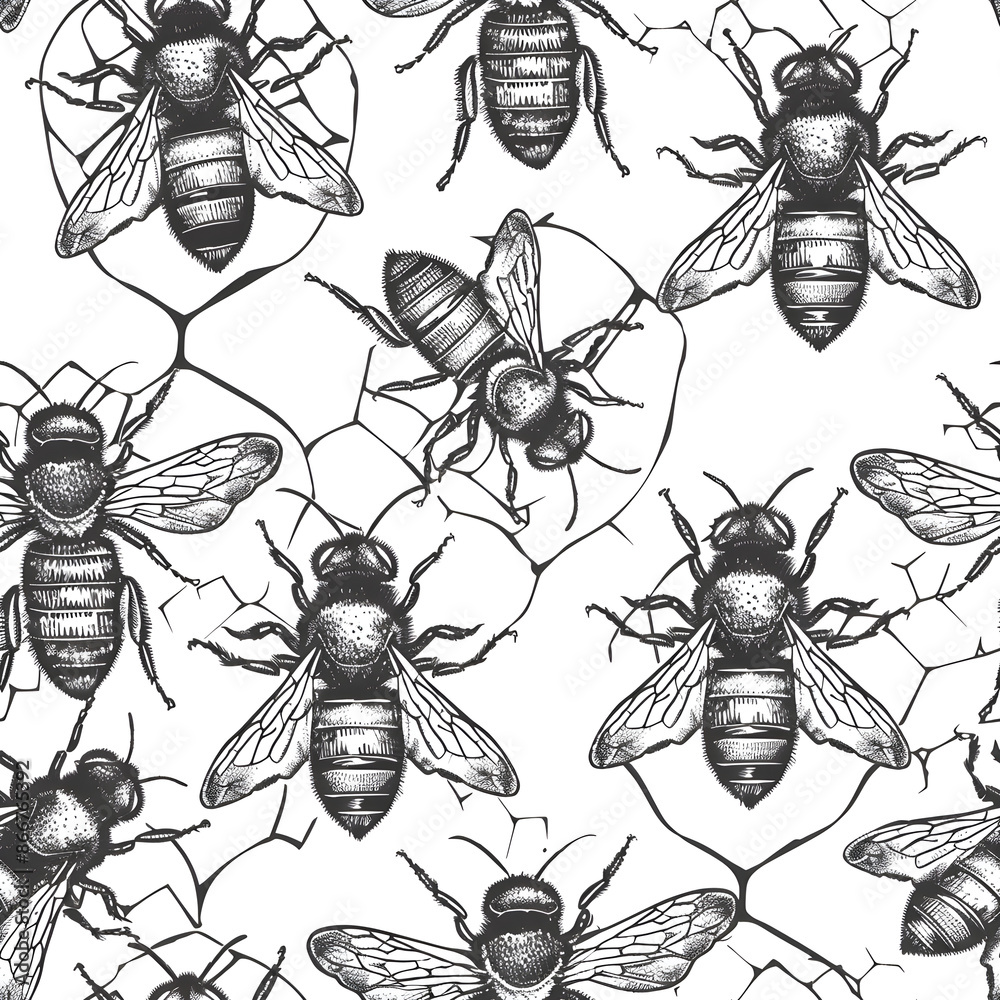 Poster Seamless pattern of honey bees flying and working on a honeycomb while making delicious honey