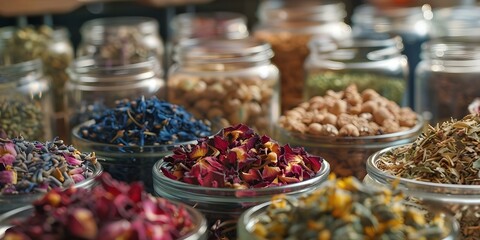 Capturing the Essence Selective Focus on Dried Flowers and Herbs for Infusions and Decoctions. Concept Nature Photography, Still Life, Herbal Artistry, Botanical Decor, Creative Compositions