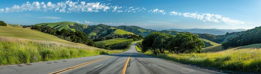 Empty road winding through a lush green valley.