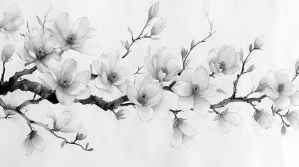   A monochrome image of a tree branch adorned with flowers against a clean white backdrop