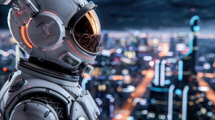 Futuristic skyline cyberpunk astronaut looking out over futuristic city