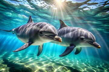 Obraz premium Two dolphins swim underwater in the ocean in the wild with sunlight shining through the water