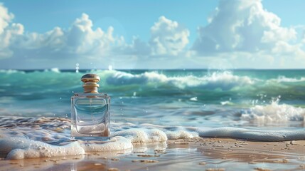 Obraz premium Illustrate a scene with a perfume bottle placed on a beach, with the ocean waves in the background