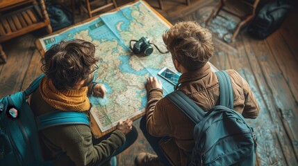 Two backpackers plan their adventure, studying a map in a rustic setting.