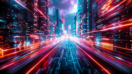 Fototapeta premium Neon lights streak across a futuristic city street, creating a dynamic and vibrant scene.