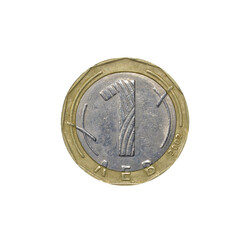 Reverse of One Lev coin made by Bulgaria in 2002, that shows Numeral value