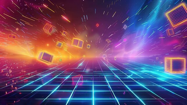 Futuristic neon grid with glowing cubes and bright abstract lights. Digital landscape in retro synthwave style with an 80s cyberpunk aesthetic. Ideal for tech, digital art and sci fi themes