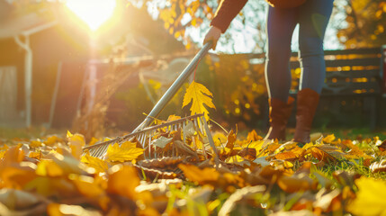 Obraz premium Autumn Leaf Cleanup in Warm Light. Person raking fall leaves in sunlit yard 