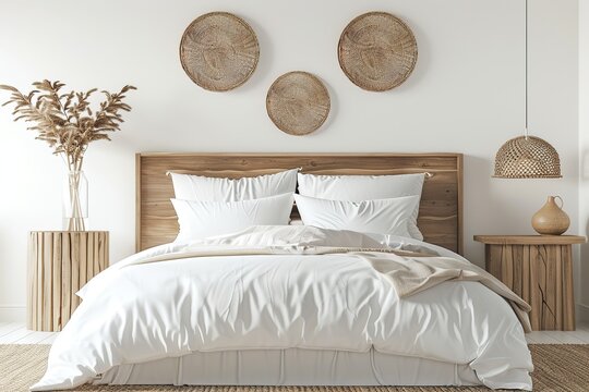 Modern minimalist bedroom with wooden furniture, white bedding and wall decor. Eco friendly furniture is ideal for interior design presentations, home decor ideas and lifestyle blogs.