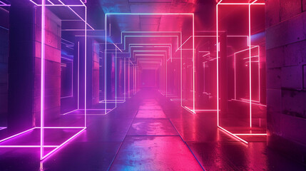 Neon light with geometric background. Glowing neon lines. Empty futuristic stage laser. Colorful rectangular laser lines. Square tunnel. Night club empty room. Laser show design