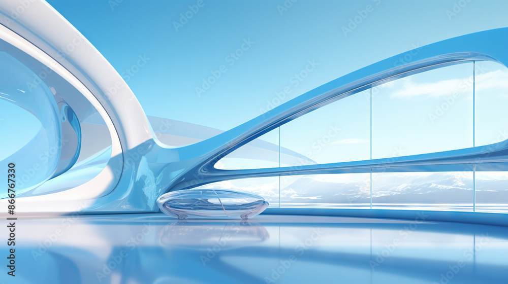 Poster Abstract architecture scene with smooth curves. Abstract background with futuristic building in white and blue colors.