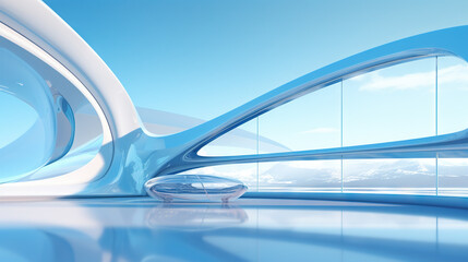 Fototapeta premium Abstract architecture scene with smooth curves. Abstract background with futuristic building in white and blue colors.
