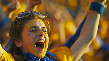 Football Game Celebration. Portrait of a fan cheering at a football game, excited and energized, with team colors, painted face, and victorious spirit