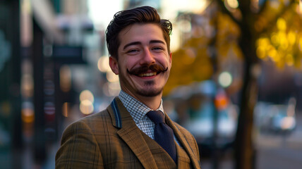Obraz premium Movember Campaign. Portrait of a man with a styled mustache for Movember, confident and proud, with sharp suit, charismatic smile, and supportive message