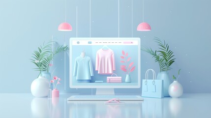 Minimalistic online fashion shop concept with pastel colors featuring apparel, plants, and accessories on a computer screen.