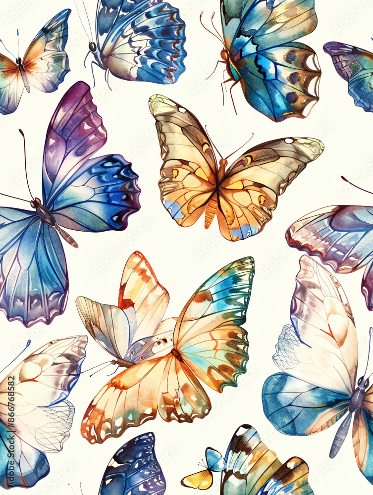 Poster elegant watercolor butterflies in a seamless pattern, gracefully floating on a pristine white backdr