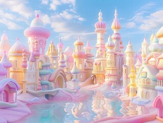 Beautiful fairy tale city in form candy in pastel colors. AI generated image