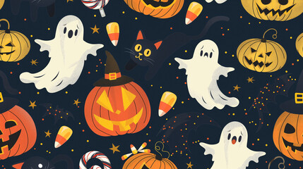A Halloween themed drawing of ghosts, pumpkins, and candy