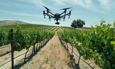 drone flying over vineyards in California, taking pictures of vines and fields, aerial perspective, rows of grapevines with green leaves, blue sky background, soil with organic matter