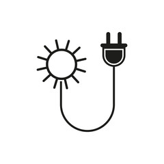 Solar energy icon. Sun connected plug. Renewable power vector. Black and white style.